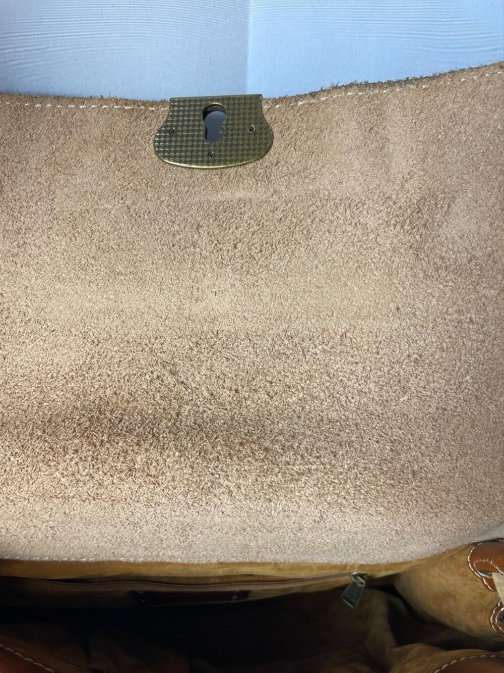 Patricia Nash Satchel Tan Leather Brass Lock Dual Handle Handbag Vintage Style - Picture 6 of 7